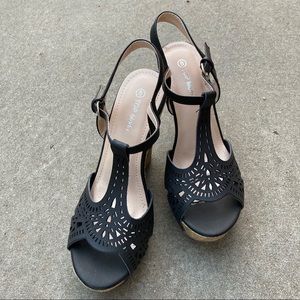 TOP Moda- Black and Tan wedge sandals- size 8